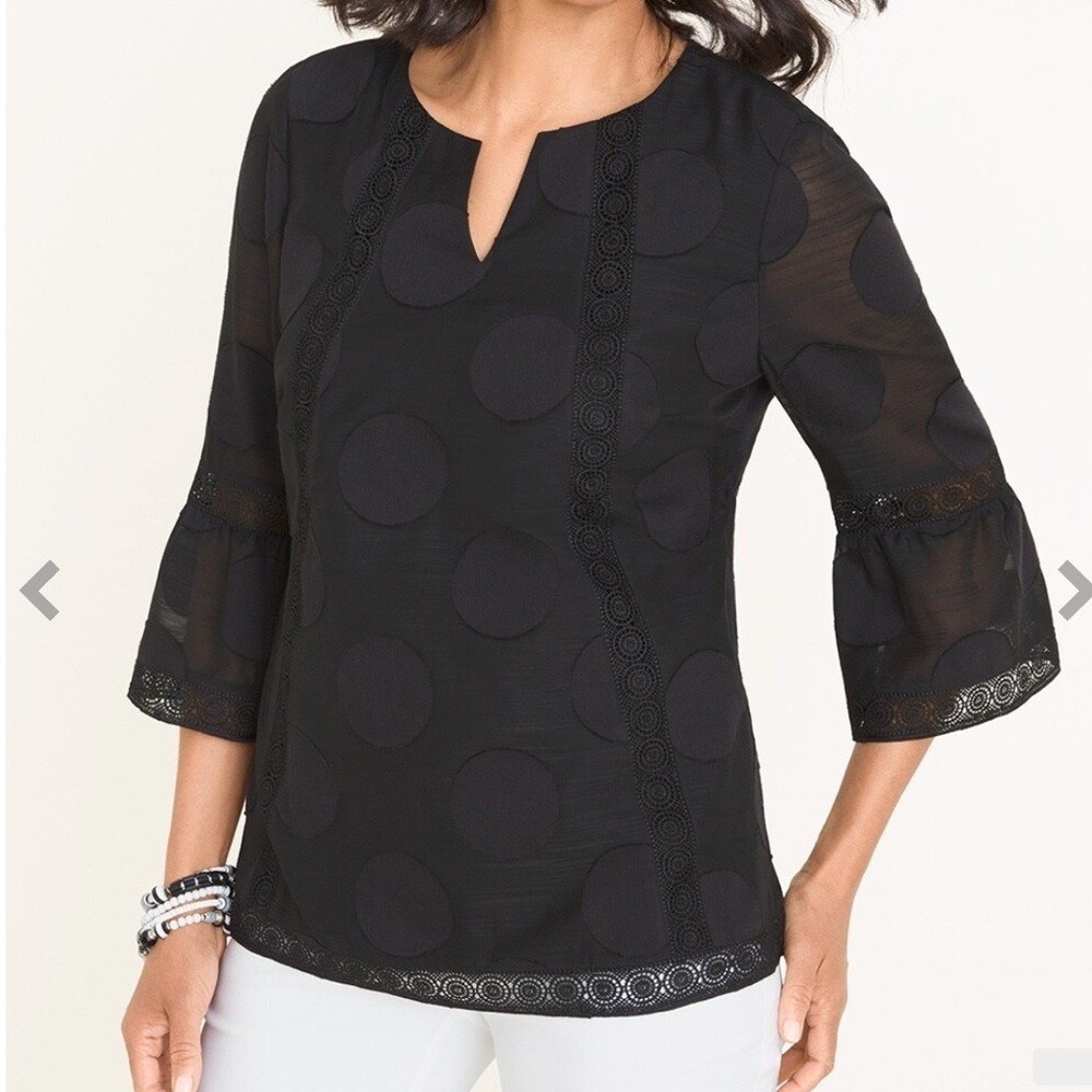 Chico’s Black Dot Textured Lace-Trim Blouse Size 12/14
